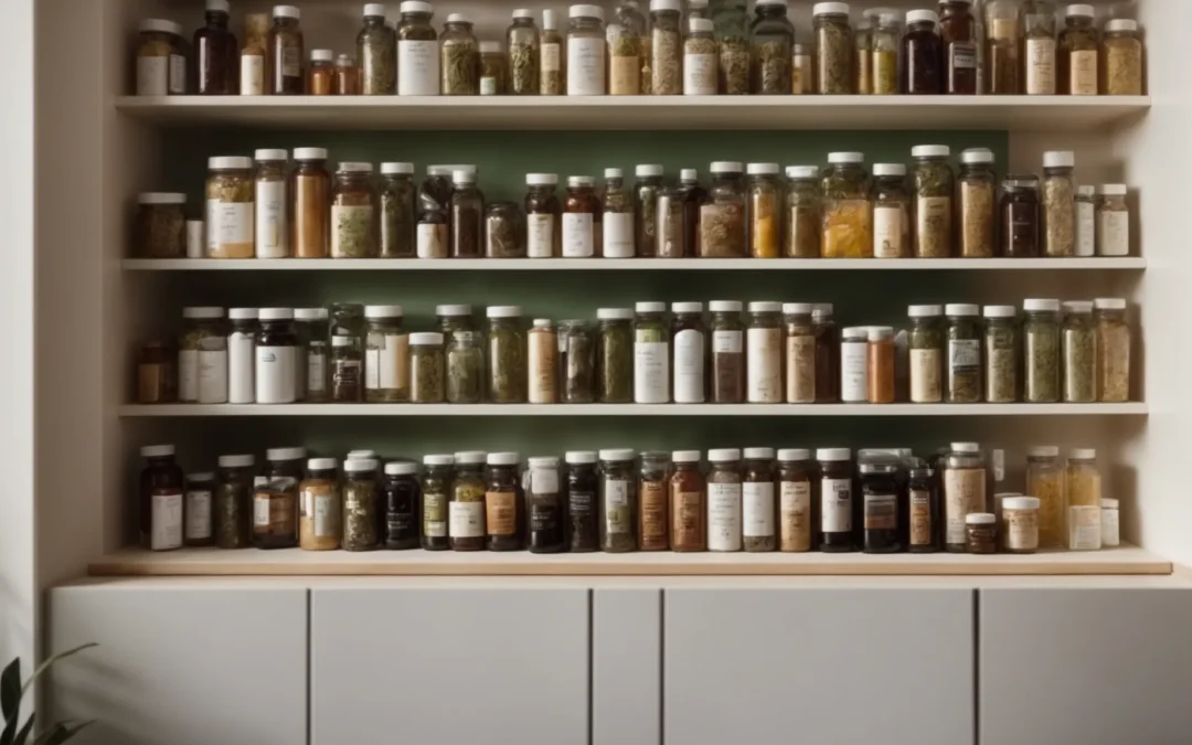 a selection of supplement bottles and herbal ingredients arranged neatly on a shelf.